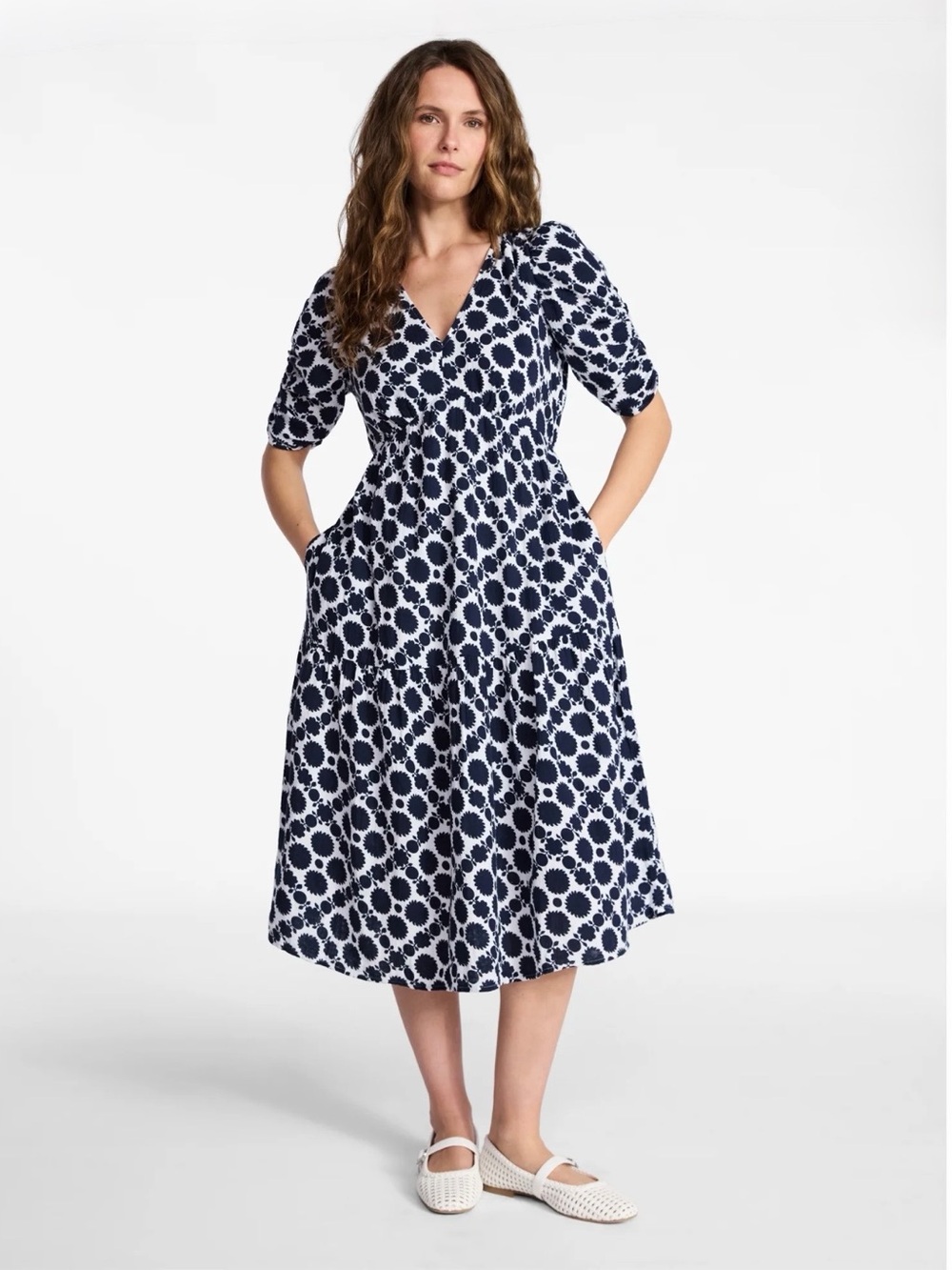 NWT Time and Tru Women's Cotton Tiered Dark Navy Dot Tile Midi Dress- XL 16/18 - Picture 1 of 9